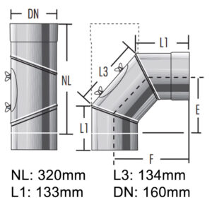 Raab Alkon Edelstahl Rohr DN160mm Bogen mit Tür0-90° verstellbar 3-teilig einwandig. 0